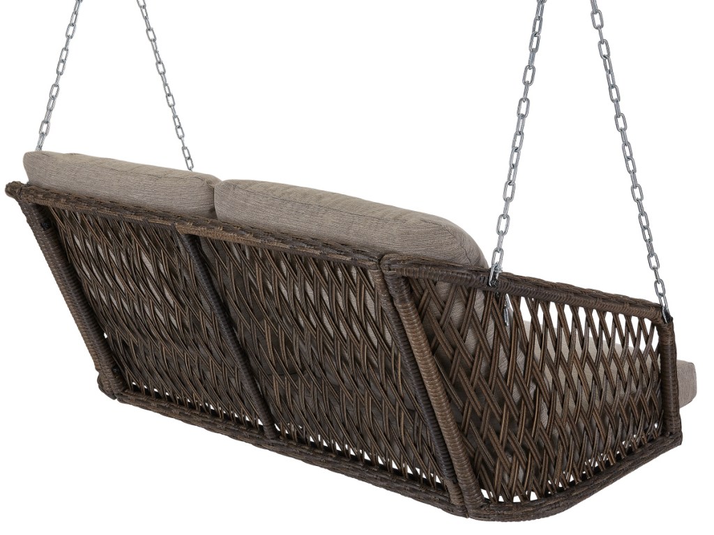 Back of Mainstays Battle Creek Outdoor Wicker Porch Swing with Cushions