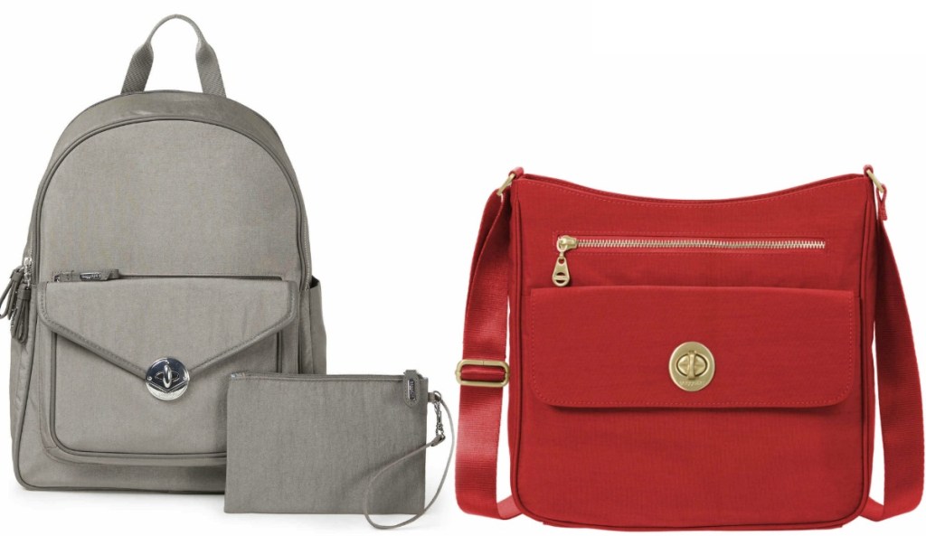 gray laptop backpack with small matching wristlet and red crossbody bag