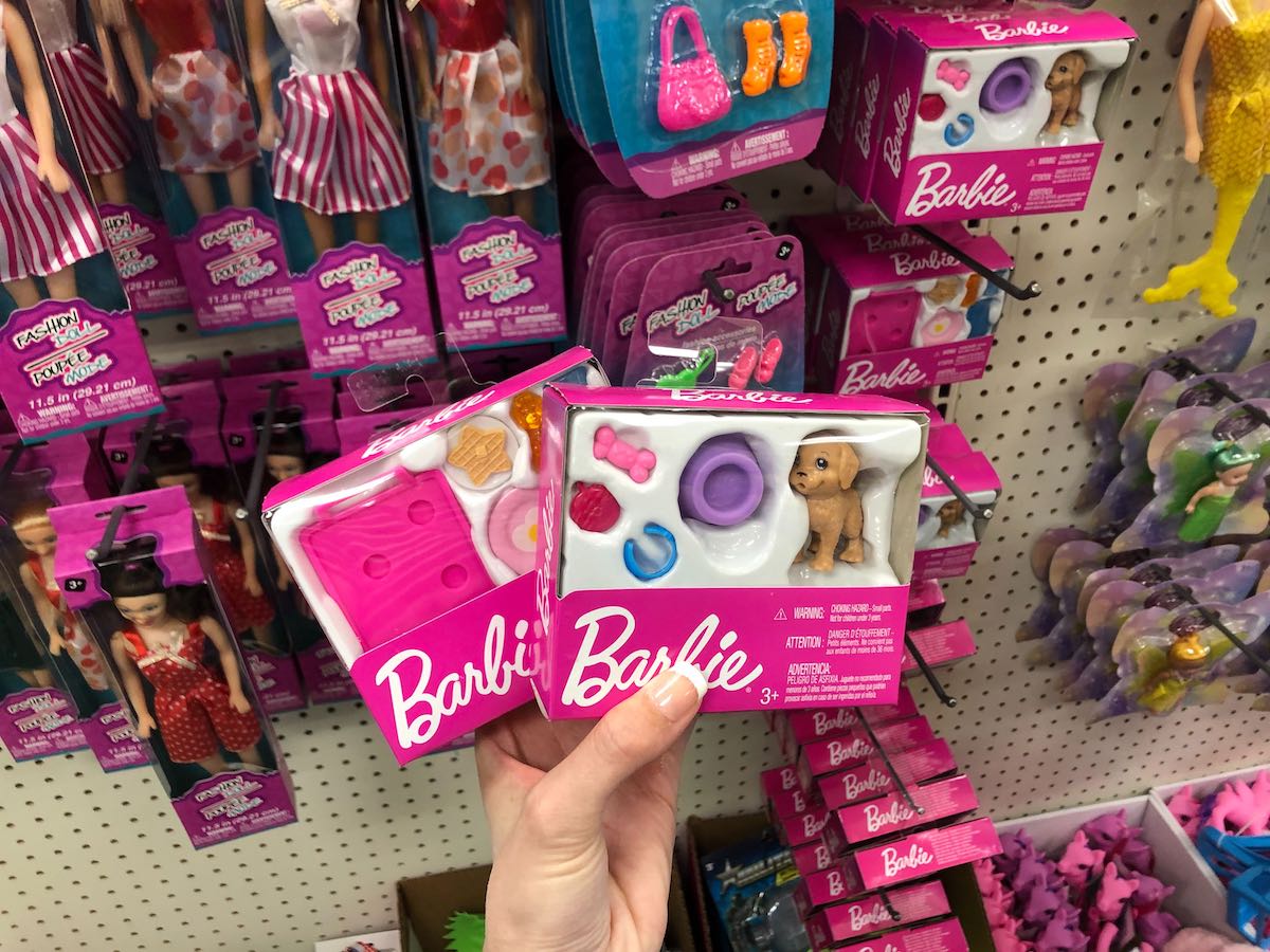 Woman holding Barbie Pet Accessory set in Dollar Tree