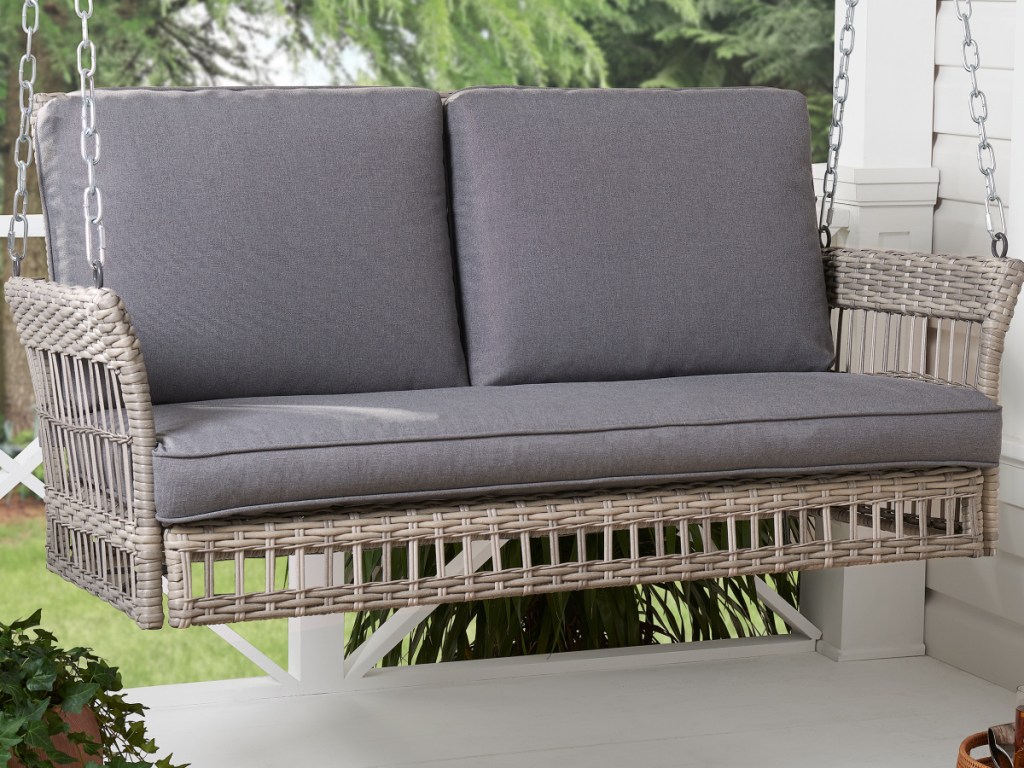 Better Homes & Gardens Belfair Outdoor Wicker Porch Swing with Gray Cushions