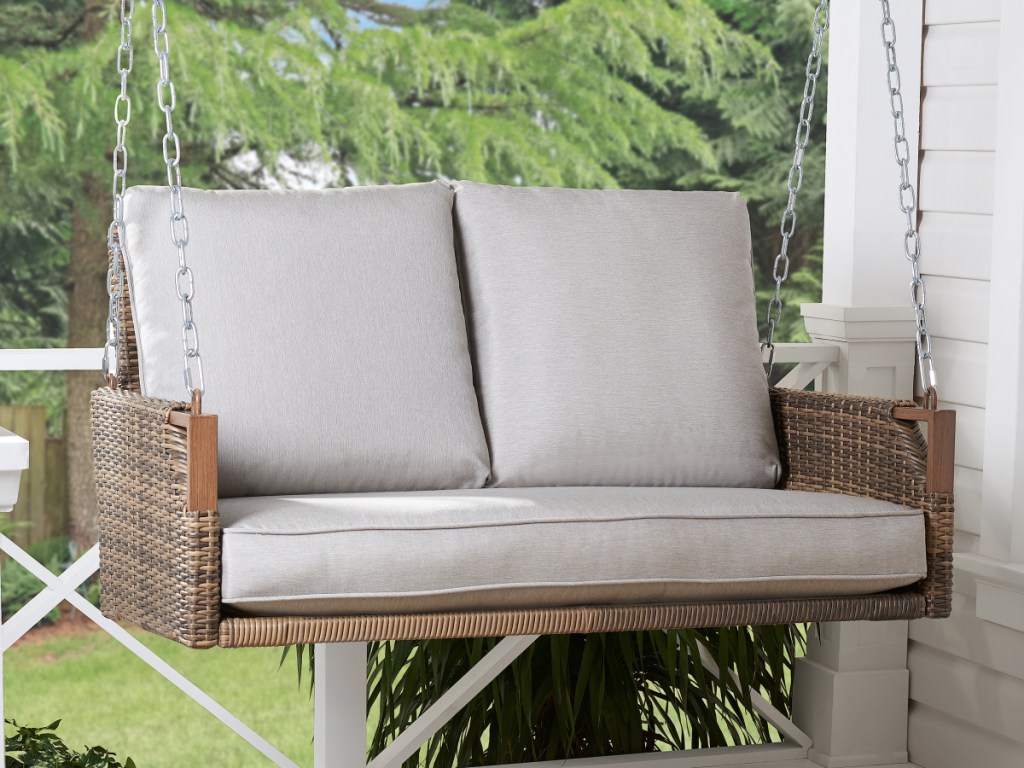 Better Homes & Gardens Davenport Patio Wicker Swing with Beige Cushions