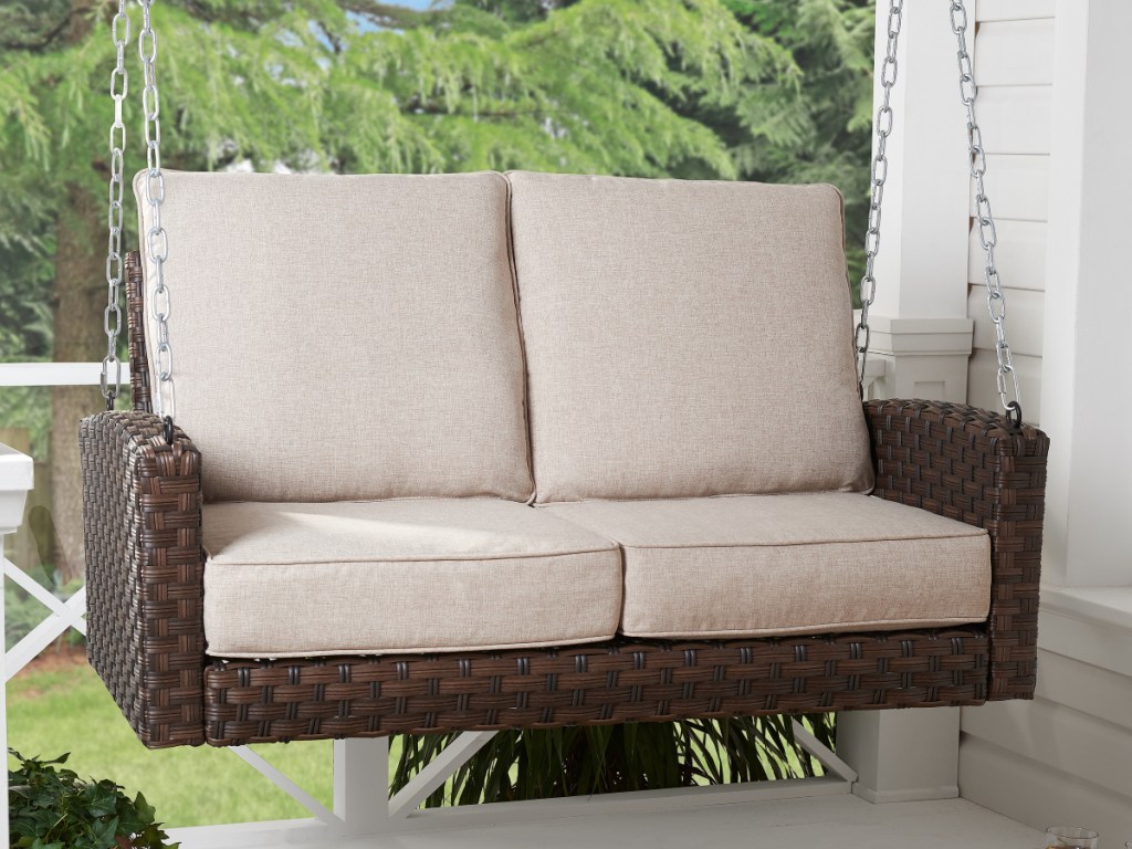 Better Homes & Gardens Hensley Outdoor Wicker Porch Swing with Beige Cushions