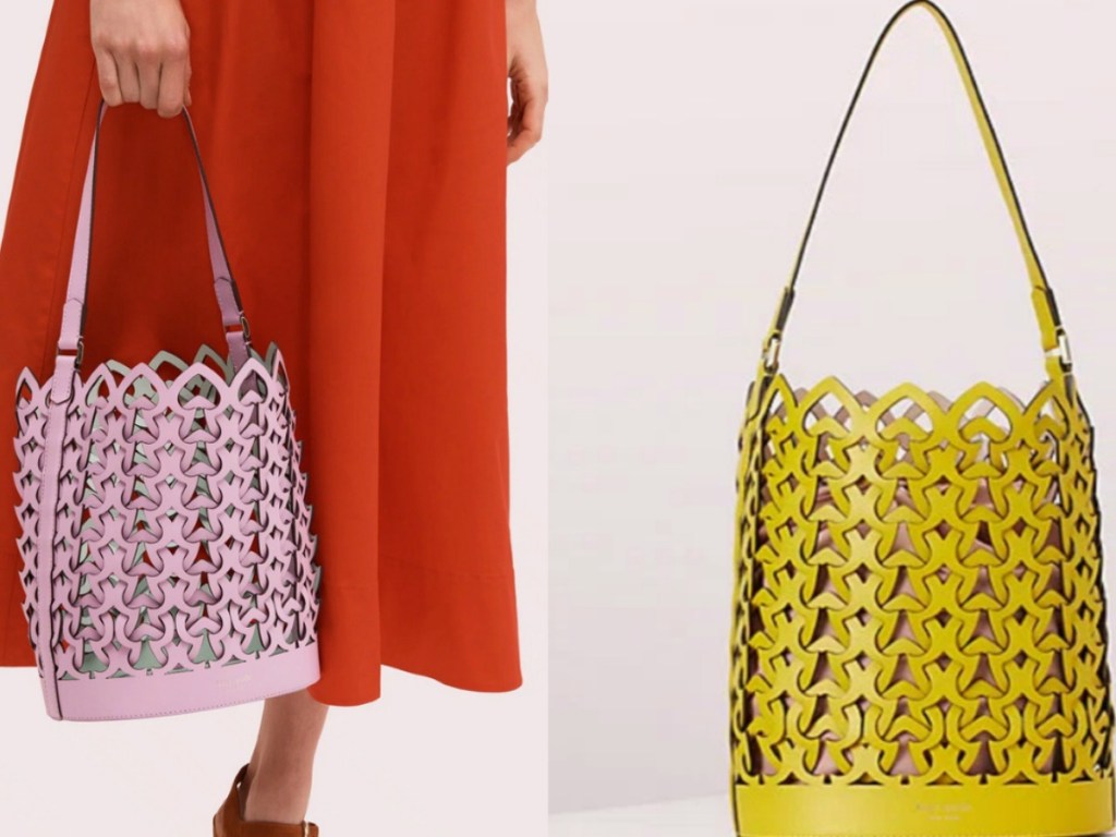 lady holding a Kate Spade Bucket Bag