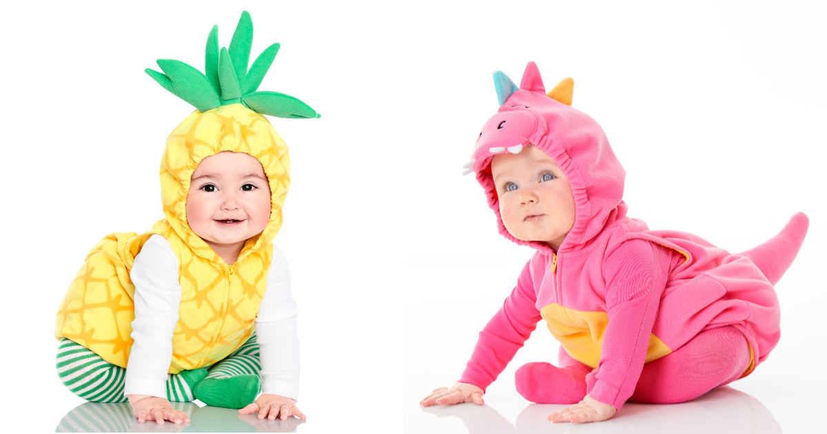 baby wearing pineapple costume baby wearing pink dino costume