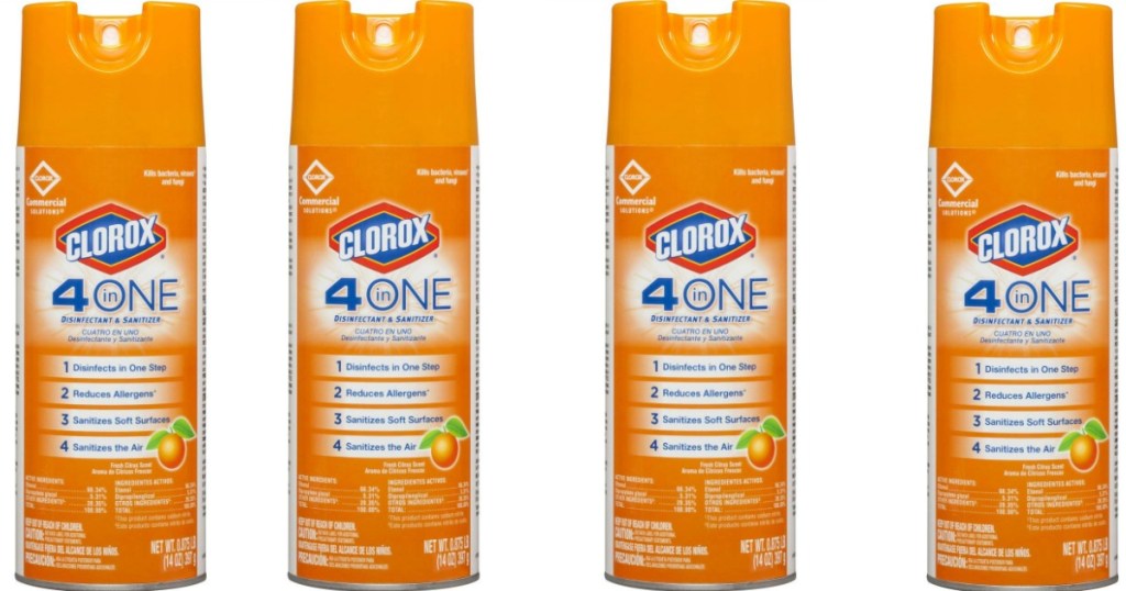 four cans of Clorox sanitizer spray