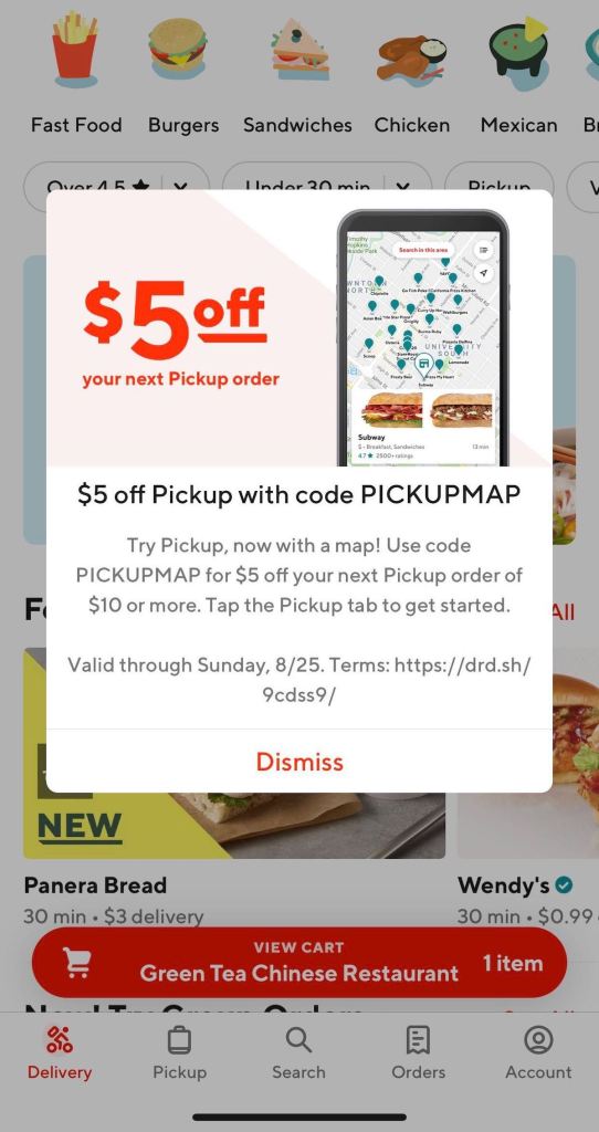 doordash screenshot of pickupmap