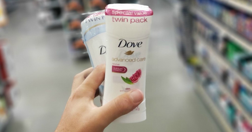 Dove Advanced Care Deodorant Twin Pack being held