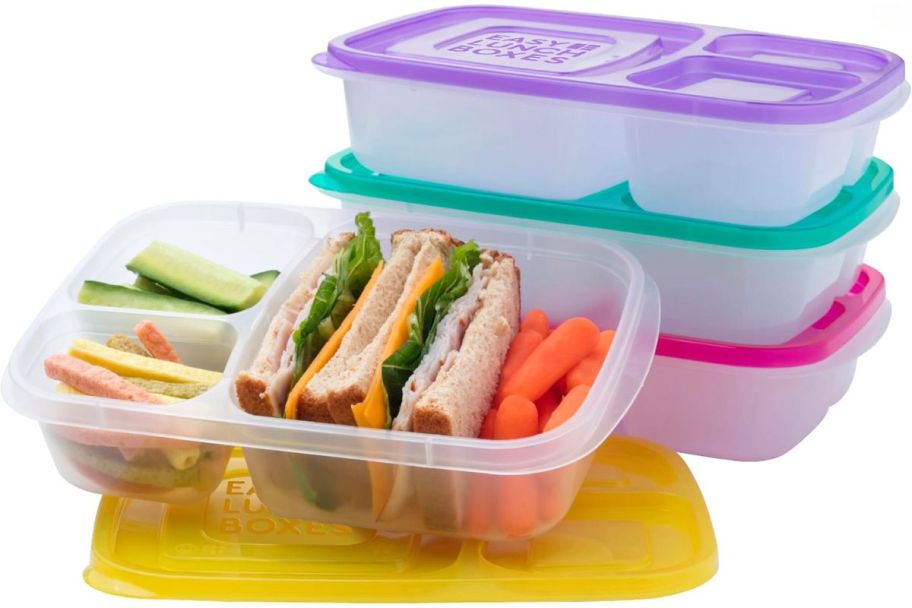 EasyLunchboxes 3-Compartment Bento Box 4-Pack with food 