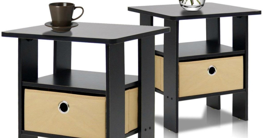 Two dark brown end tables with fabric bins