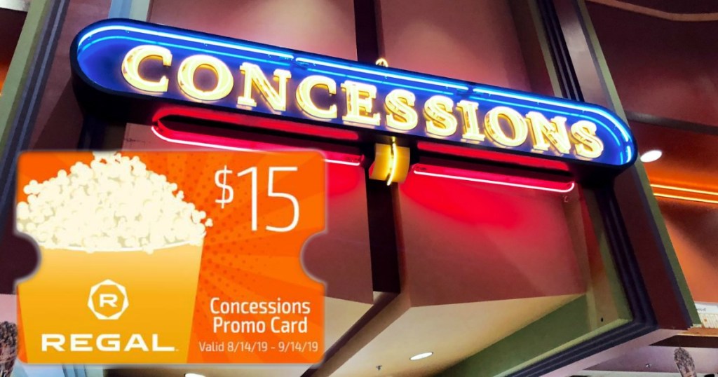 FREE $15 concessions stand promo card from Regal Theaters in front of concession display