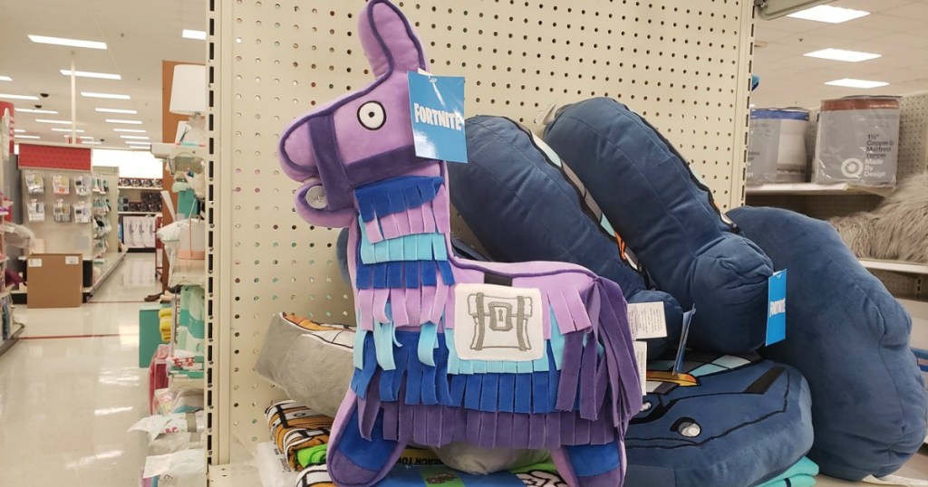 purple and blue pinata llama plush in-store