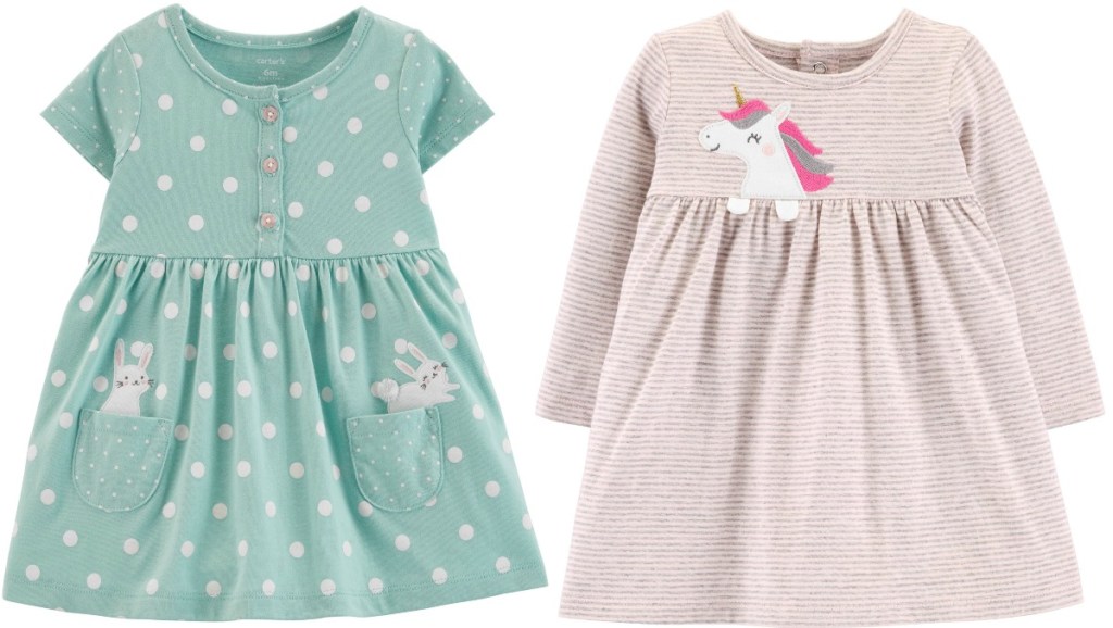 Two styles of girl's dresses from Carter's with bunnies and unicorn