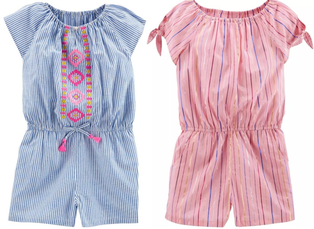 Two styles of girls rompers in blue and pink