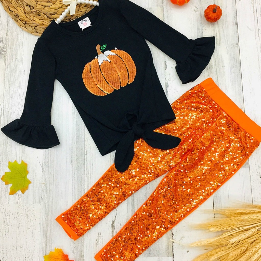 Mia Belle brand Girls sequin pumpkin outfit