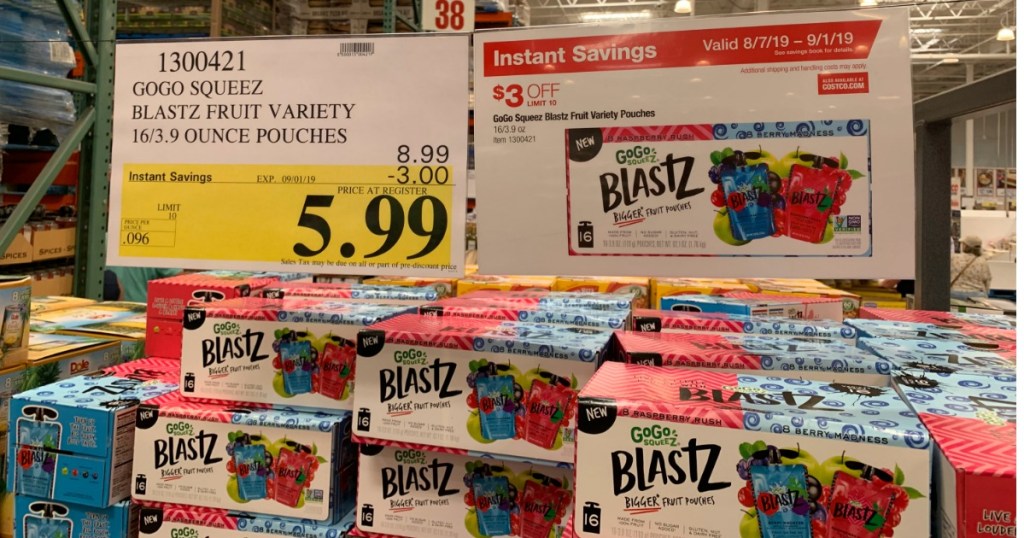 Costco sale signage of GoGo Squeez Blastz Fruit Variety Pouches