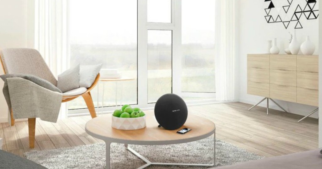 living room with Harmon Kardon Speaker on table