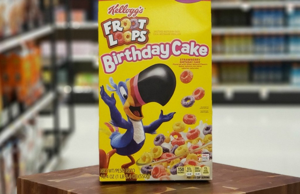 Large box of Kellogg's Froot Loops Birthday Cake Cereal in yellow box