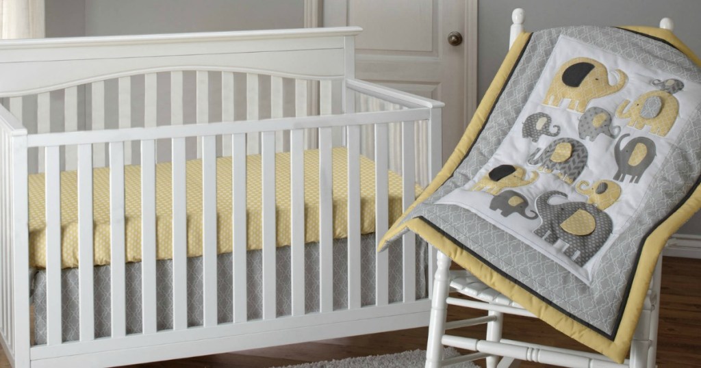 elephant crib bedding set with white nursery furniture