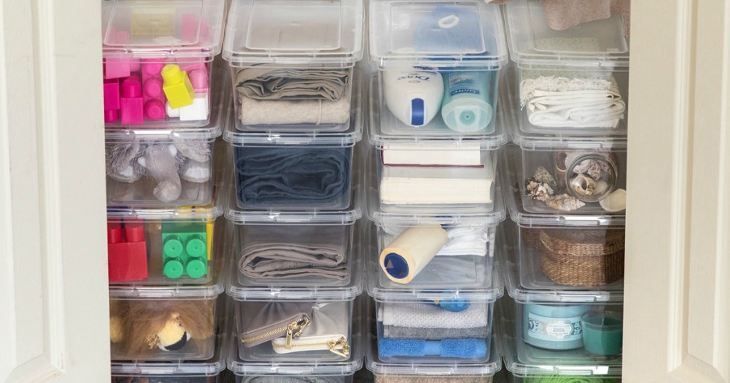 Lots of shoe box size storage containers with supplies