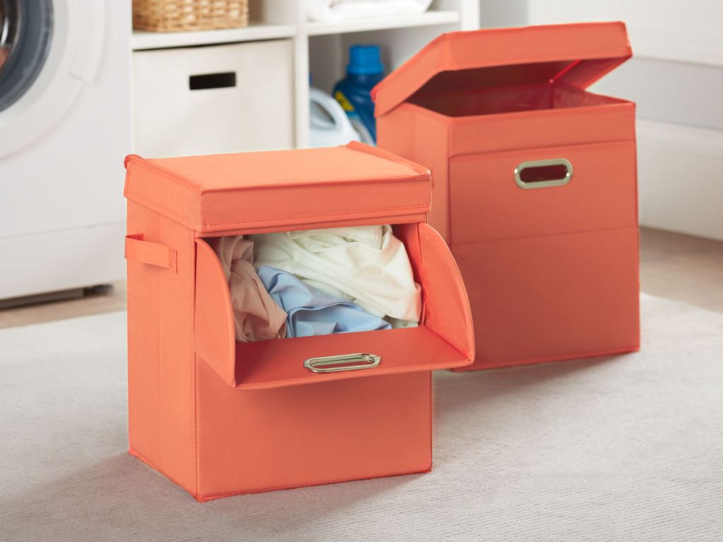 Mainstays Front Loading Stackable Small Laundry Hamper with Lid in orange 2 pack