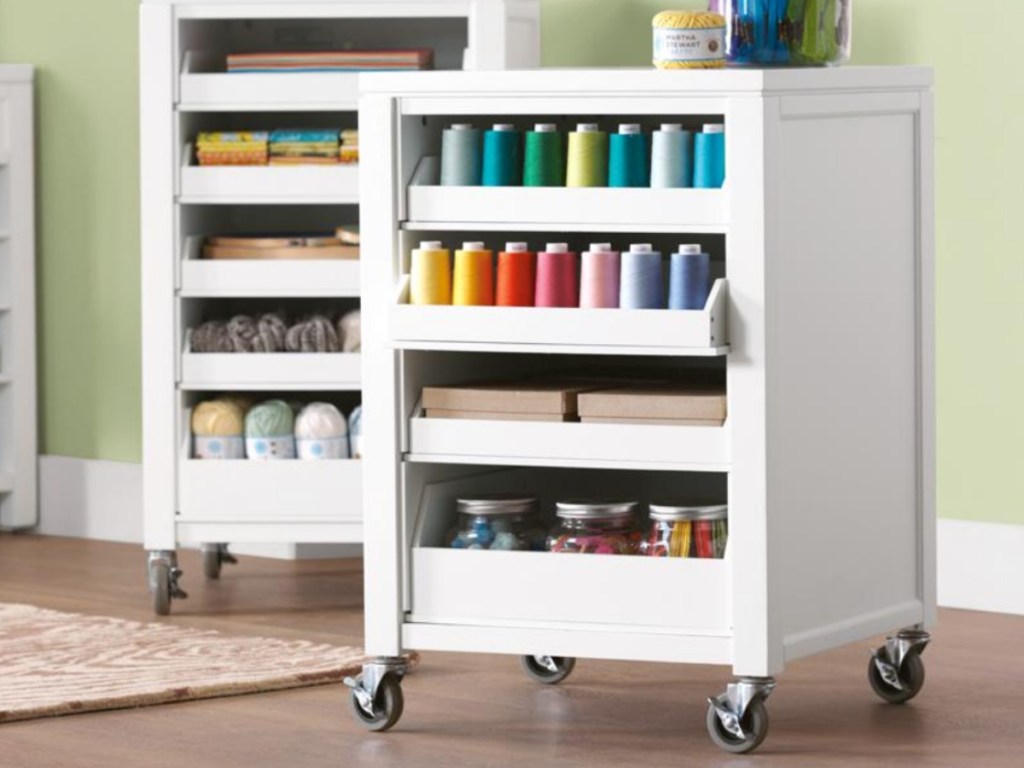 Martha Stewart Craft Space Picket Fence White Storage Cart with 5 Pull Out Trays and Casters