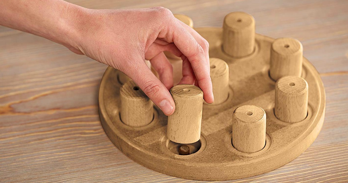 hand lifting a peg on dog puzzle to show dog treats