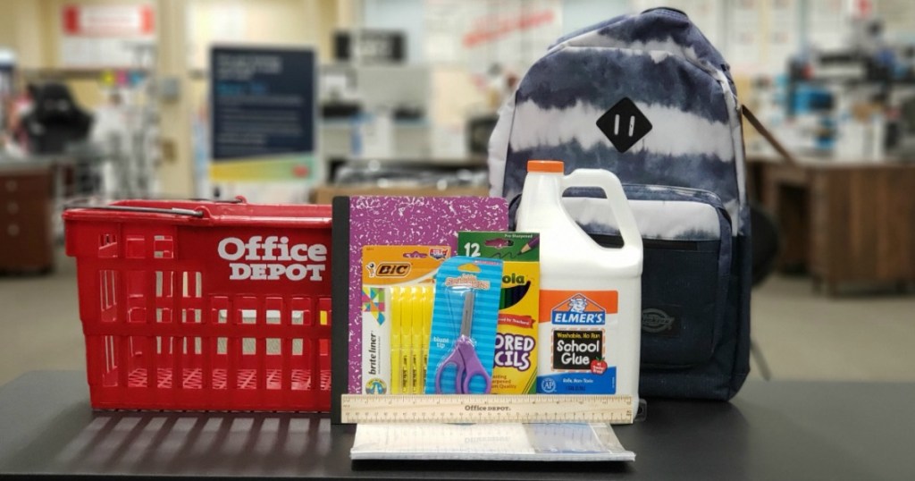 Office Depot school supplies and shopping basket on counter in-store