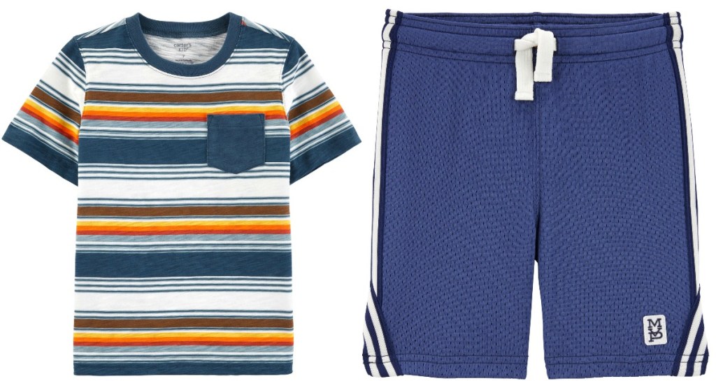 Carter's Kids Apparel in striped tee and blue mesh athletic shorts