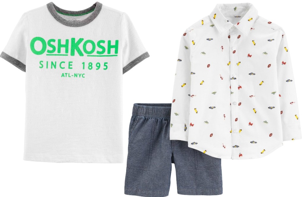 Oshkosh B'gosh and Carter's brand toddler boys apparel - graphic tee, gray shorts, button up