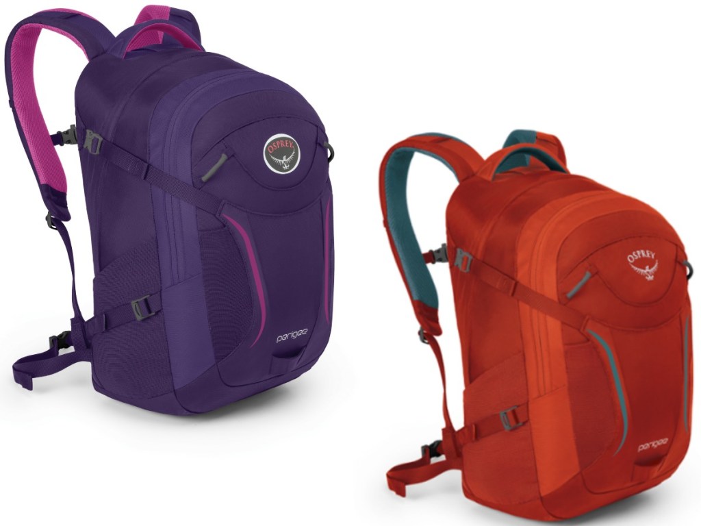 a purple and orange backpack on white background