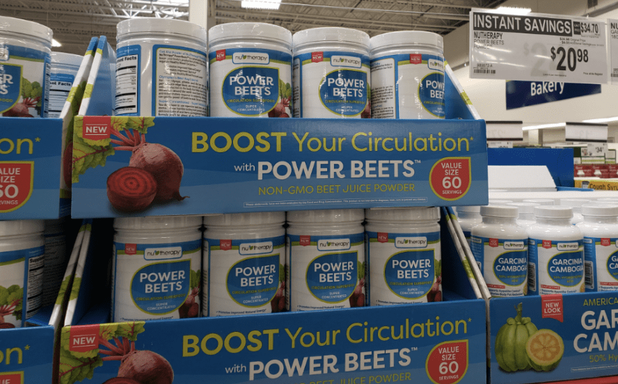 Store display of Nu-Therapy Power Beets Juice Powder Instant Savings at Sam's Club
