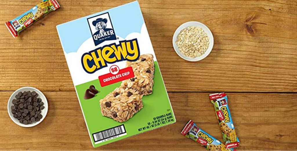 Quaker brand granola bars in chocolate chip large pack on counter