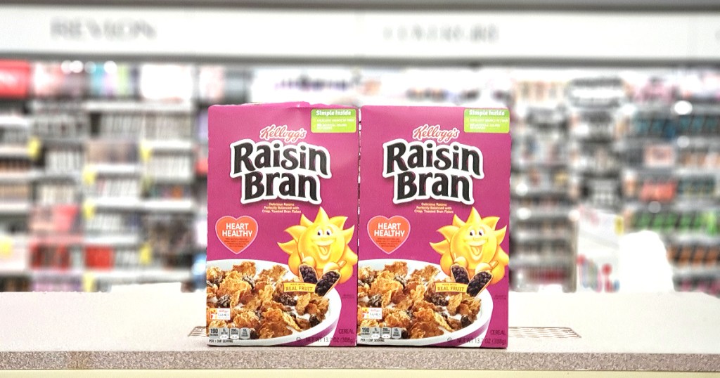 boxes of raisin bran on shelf at store