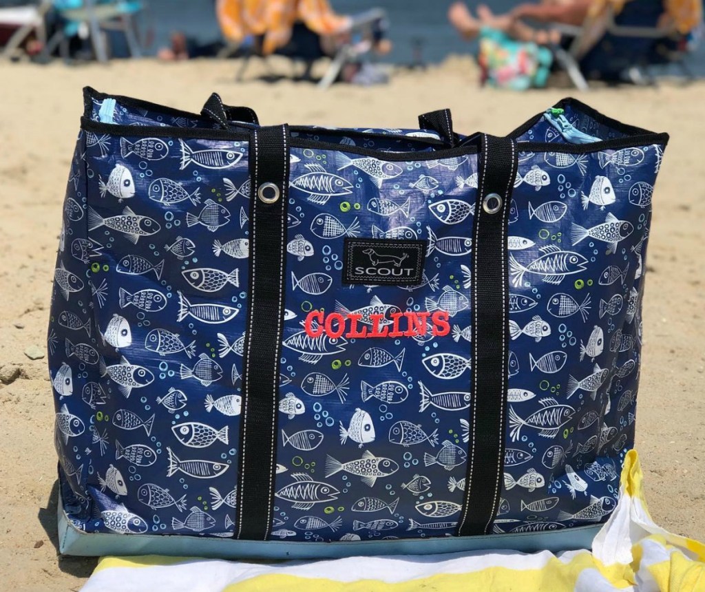 Personalized SCOUT Bags brand tote bag on the beach with fish print