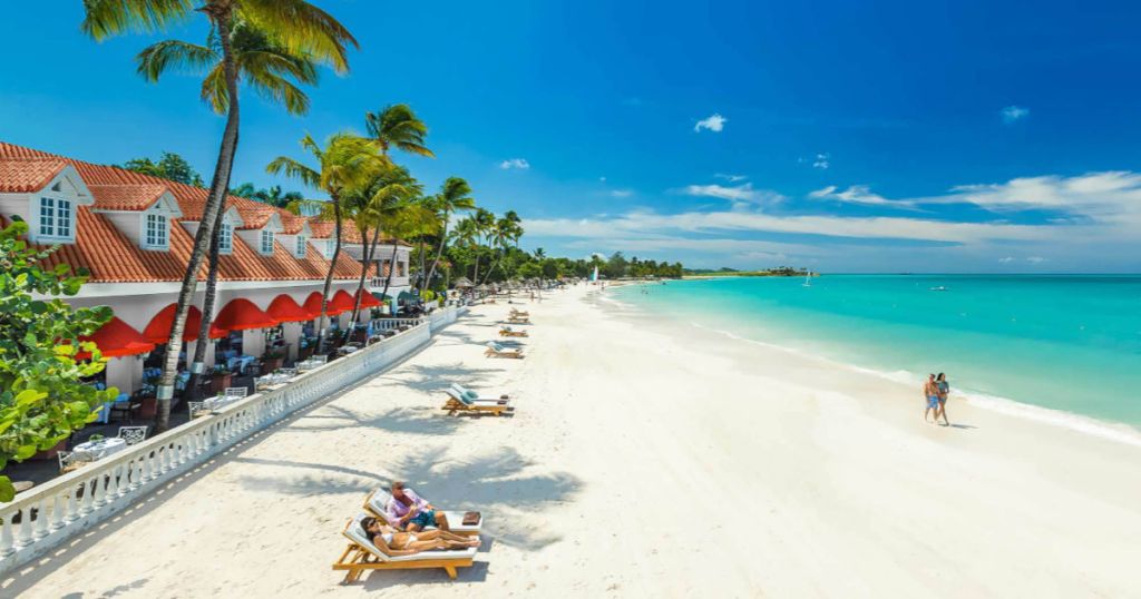 aerial view of sandals grand antigua with people laying out on the beach