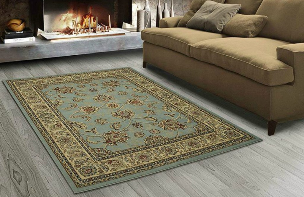 Seafoam green colored area rug with floral print, oriental style on grey hardwood in front of sofa