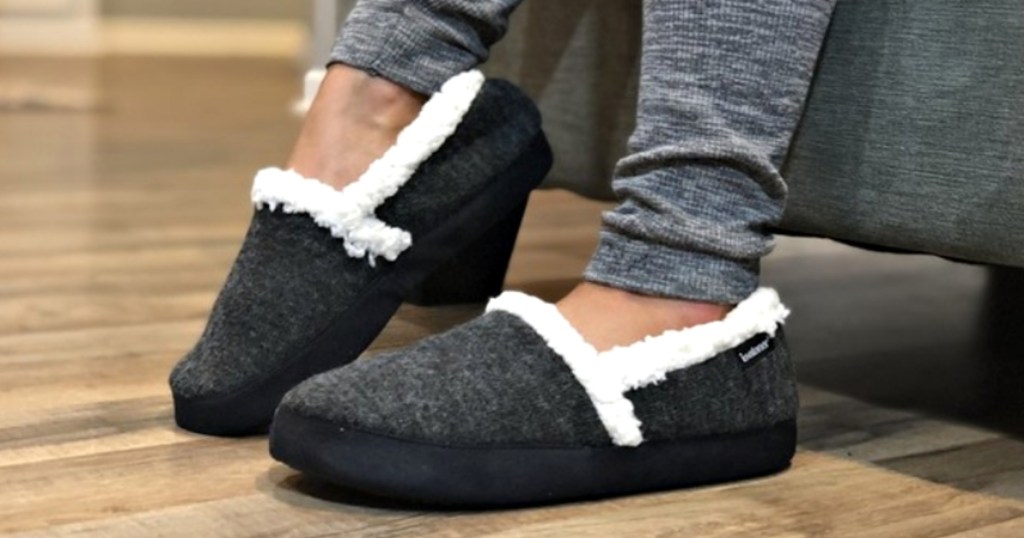 woman wearing microsuede slippers