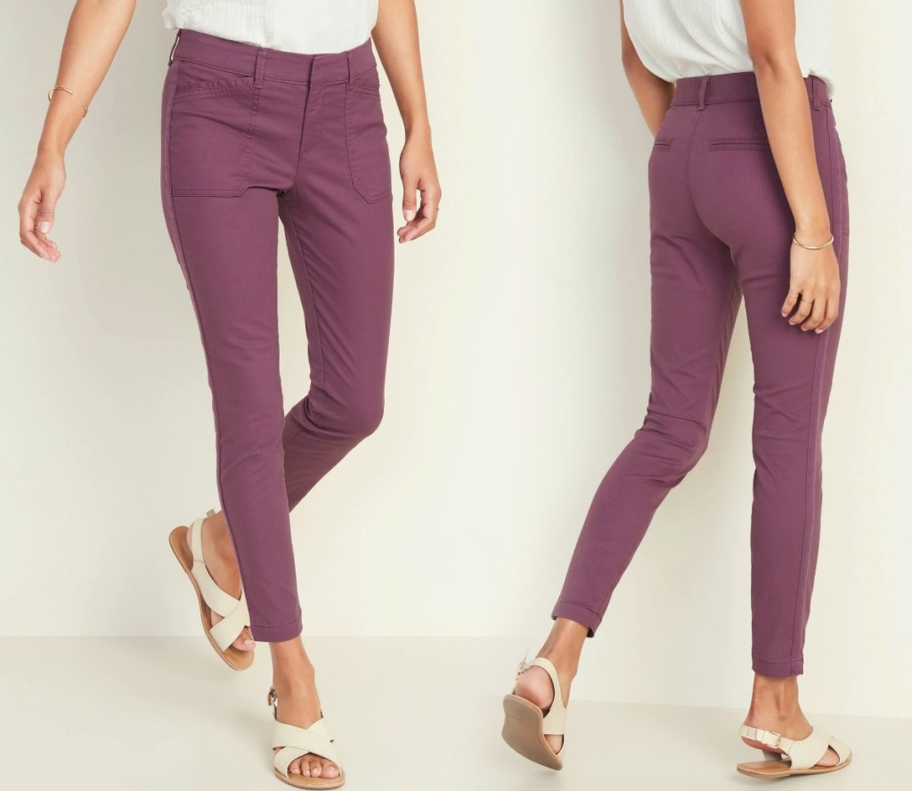 Woman wearing berry colored chino pants from Old Navy