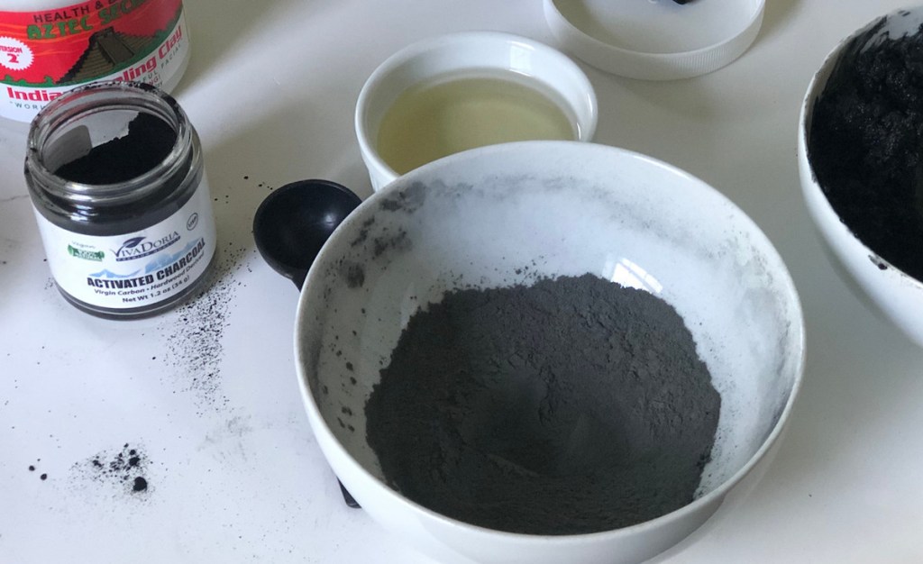 gray powder in white bowl