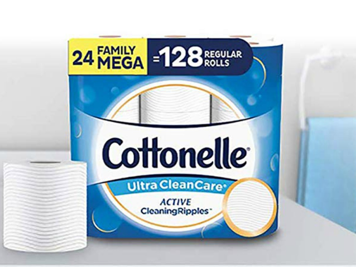 Cottonelle toilet paper and package on counter sink