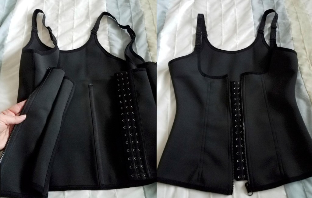 black corset vest shapewear on white bed