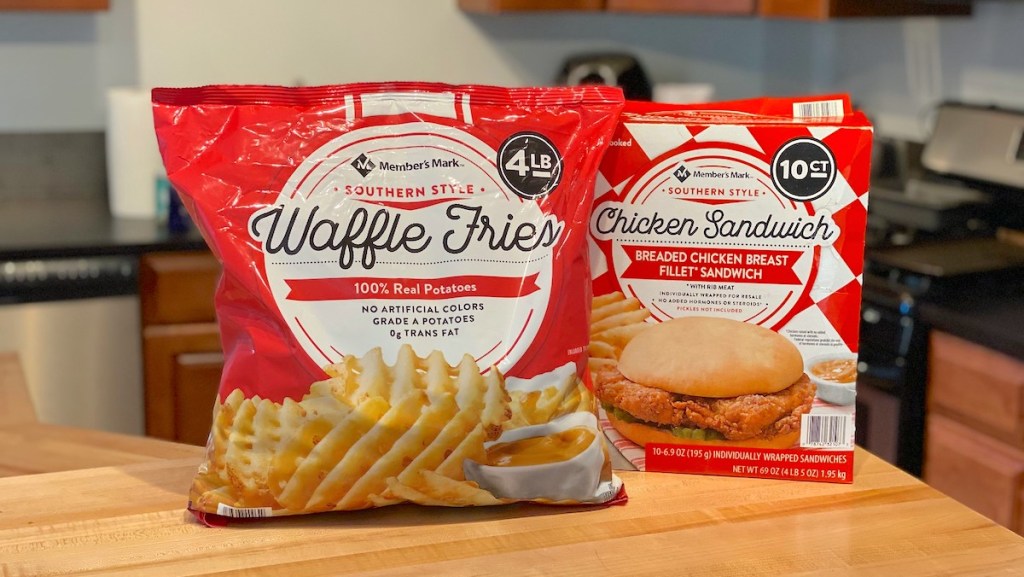 bag of frozen fries and box of chicken sandwiches sitting on counter