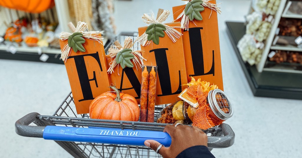 close up of fall decor in cart at store