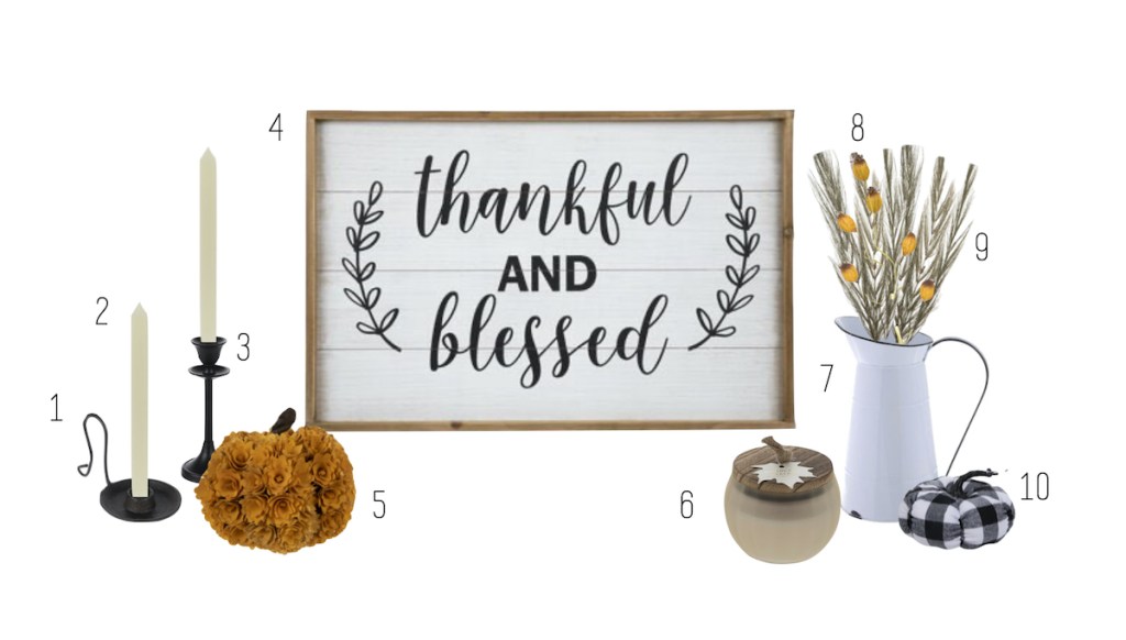 thankful and blessed sign with various fall home decor on stock white background