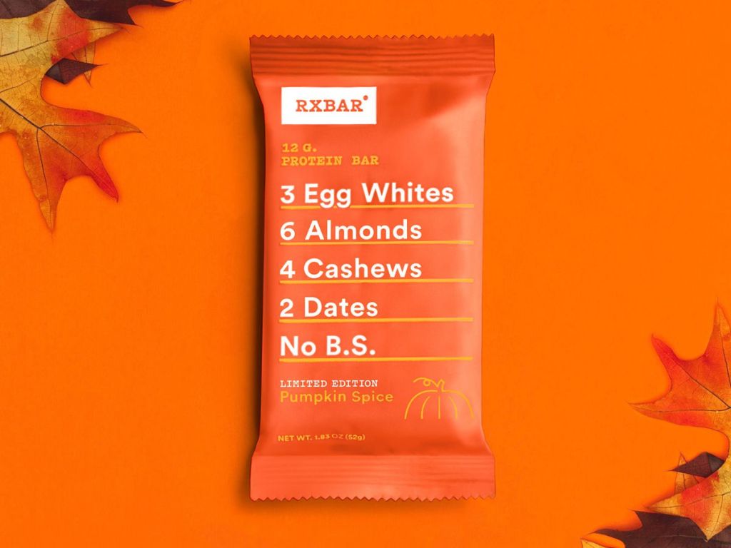 rxbar pumpkin spice with orange background and leaves