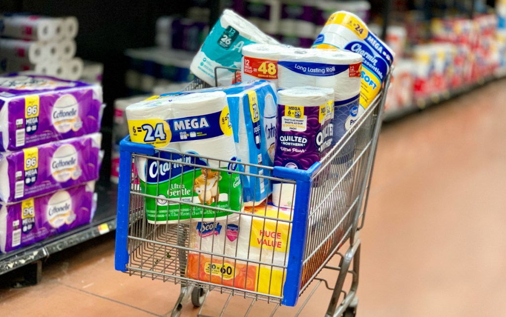 shopping cart with toilet paper brands