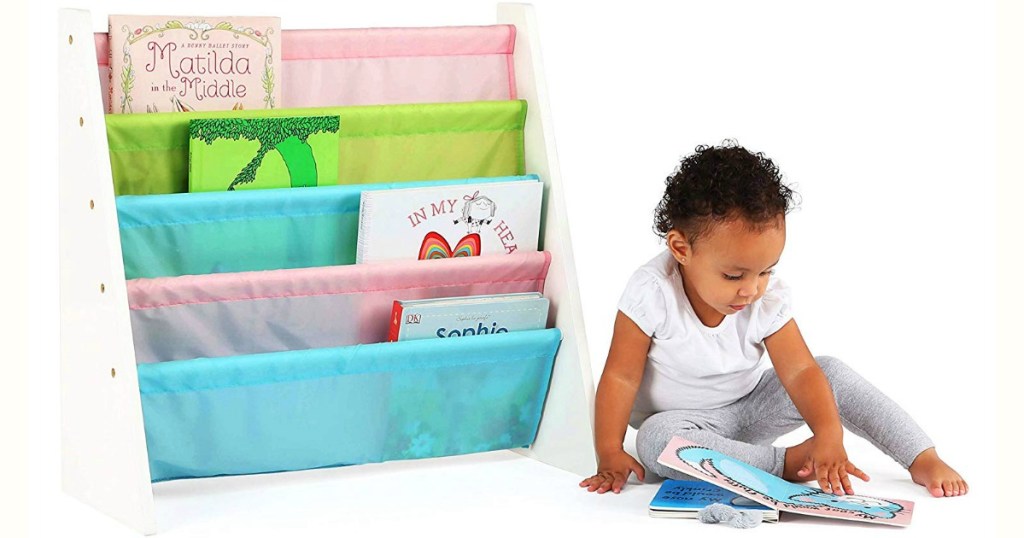 pastel book shelf with kid reading book