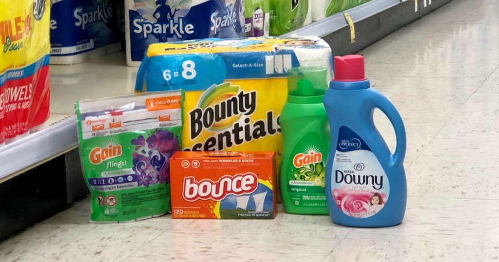 gain flings, laundry detergent, bounce dryer sheets, downy fabric softener and bounty essentials paper towels at walgreens