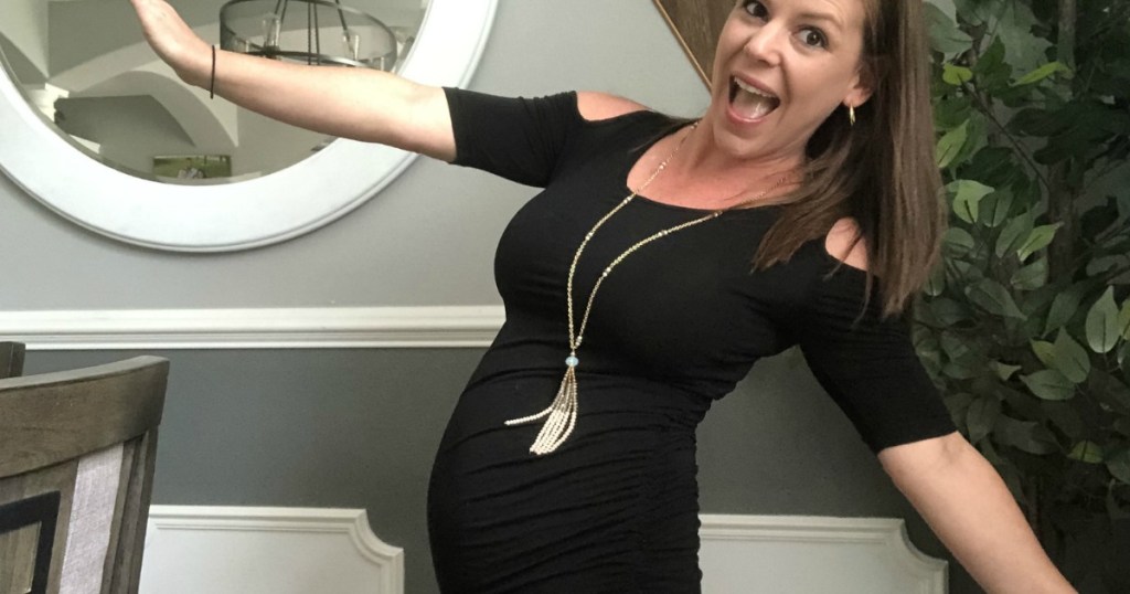 woman wearing maternity fall dress from amazon