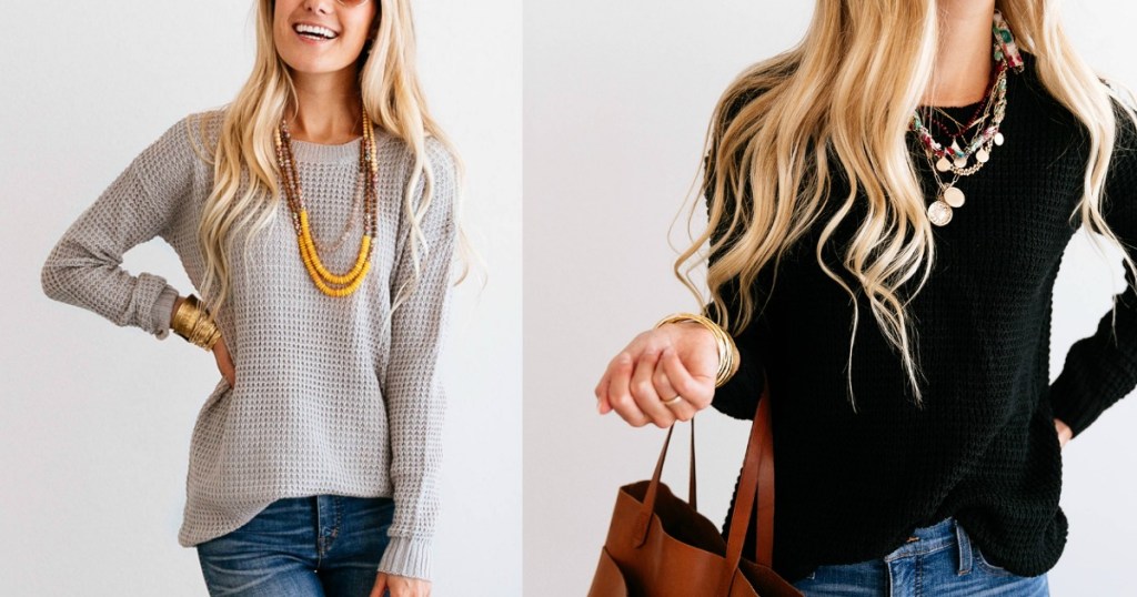 women wearing waffle neck sweaters